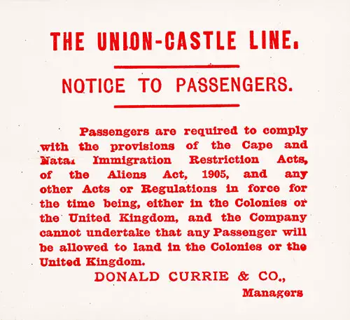Notice to Passengers of the SS Garka of the Union Castle Line, 16 September 1907.