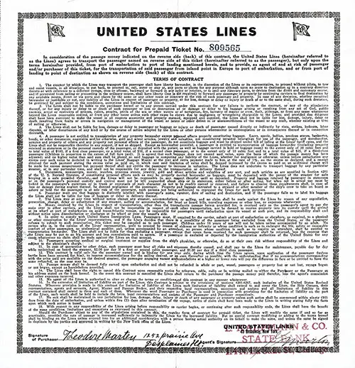 Contract Terms and Conditions - United States Lines Cabin Class Ticket, 10 October 1922.