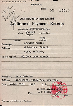 United States Lines Additional Payment Receipt dated 30 March 1928 for Prospectives Passage for an Irish Family, For a Voyage from Cobh to New York.