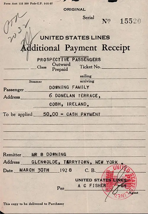 United States Lines Additional Payment Receipt dated 30 March 1928 for Prospectives Passage for an Irish Family, For a Voyage from Cobh to New York.