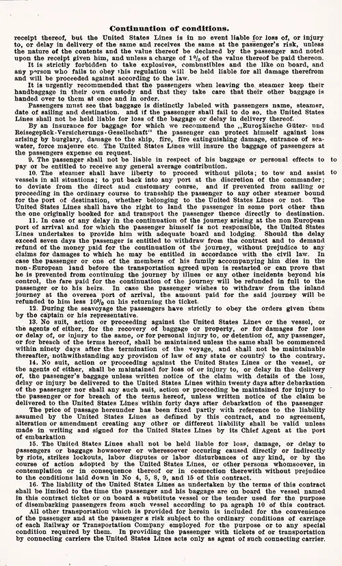 Conditions of Transportation, Part 2 of 3, SS George Washington Passage Contract, 3 October 1928.