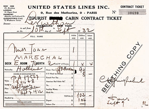 SS Leviathan Tourist Cabin Contract Ticket, Rotterdam (Cherbourg) to New York, 10 September 1932.