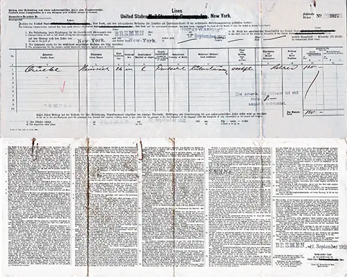 Contract for Third Class/Steerage Passage on the SS George Washington by a German Immigrant on 17 September 1921, Sailing from Bremen to New York.