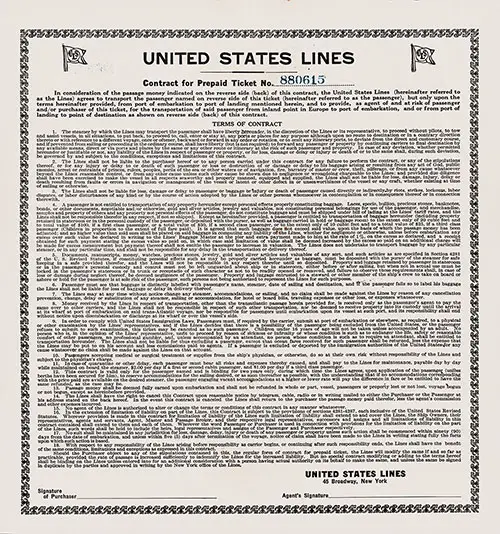 Contract Terms and Conditions for Prepaid Ticket No. 880615, 11 December 1923.