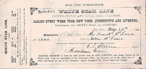 White Star Line Memorandum of Prepaid Steerage Passage on the RMS Britannic, Ticket Dated 29 May 1880.