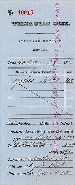 RMS Germanic of the White Star Line Agent's Record for Prepaid Steerage Passage for One Adult, UK to New York or Boston, 29 May 1880.