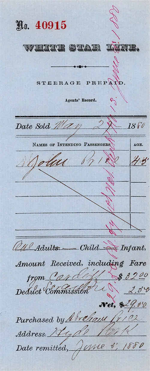 White Star Line Agent's Record for Prepaid Steerage Passage for One Adult, UK to New York or Boston (Plus Rail to Scranton, PA).