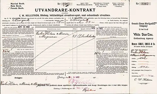Original Third Class/Steerage Steamship Passage Contract and Ticket from Gothenburg, Sweden to New York, 14 November 1902, on the White Star Line RMS Celtic.