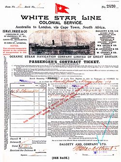 Passenger's Contract Ticket, Colonial Service, White Star Line, Australia to London 1910