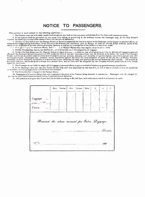 White Star Line's SS Persice Steerage Passage Contract Terms and Conditions, 20 December 1910.
