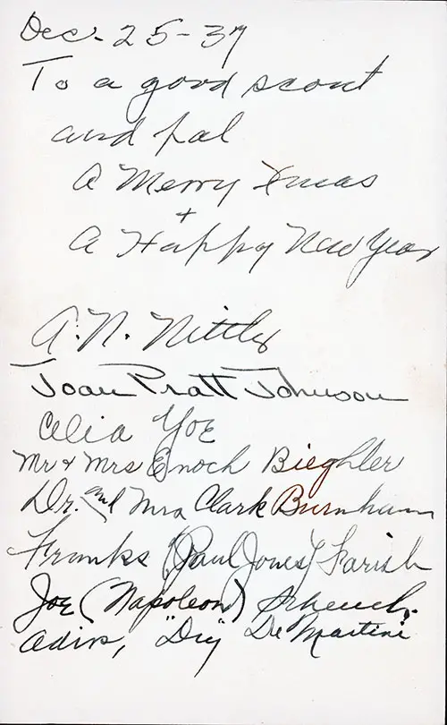 Autographs of a Group of Passengers on Board the SS Santa Rosa, 25 December 1937.