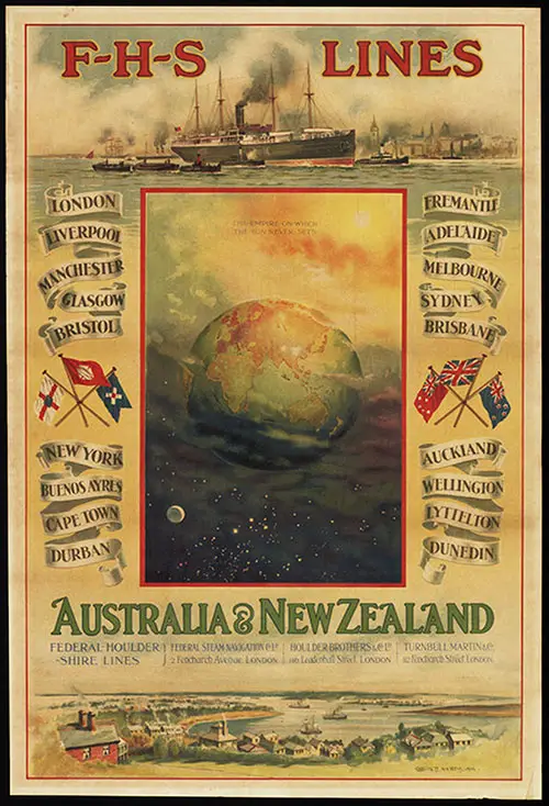 F-H-S Lines or Federal-Houlder-Shire Lines Poster Promoting Services to Australia and New Zealand, 1906.