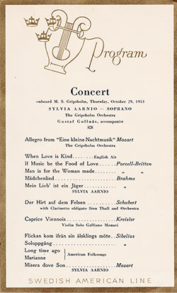 Program for a Concert onboard the MS Gripsholm, Thursday, October 29, 1953, Featuring Coloratura Soprano Sylvia Aarnio.
