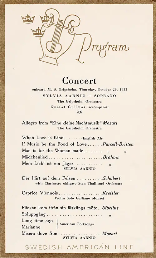 Program for a Concert onboard the MS Gripsholm, Thursday, October 29, 1953, Featuring Coloratura Soprano Sylvia Aarnio.