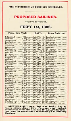 Sailing Schedule, New York-Antwerp, from 6 February 1886 to 30 October 1886.