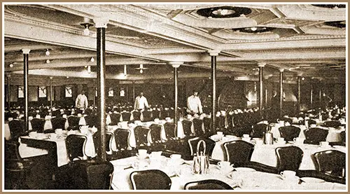 Here is the dining room for third-class travelers on the S. S. Hansa, the first German passenger liner to steam into New York Harbor since the World War.