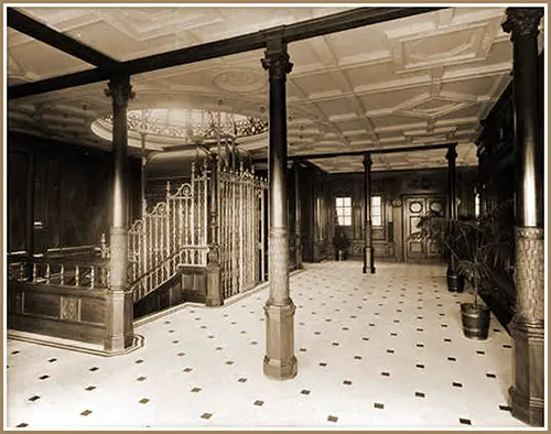 Entrace on the Boat Deck Showing Elevators (Lifts) on the RMS Mauretania.