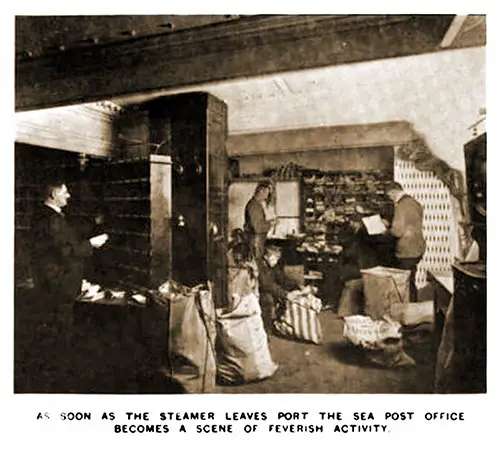 As Soon as the Steamer Leaves Port, the Sea Post Office Becomes a Scene of Feverish Activity on a Norddeutscher Lloyd Express Steamship, ca. 1909.