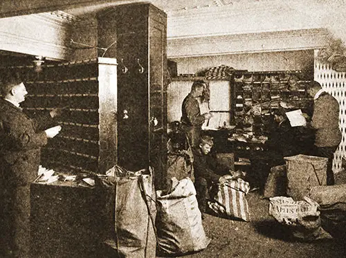 A Busy Sea Post Office With Many Mail Sacks To Sort Before Arriving at the Voyage's Final Destination.