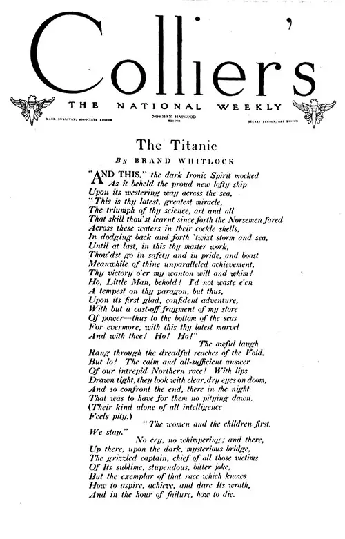 The Titanic Poem by Brandon Whitlock as Published in Collier's Weekly Magazine on 4 May 1912.