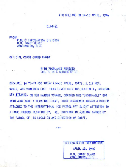 U.S. Coast Guard, Washington, DC, Release of Official US Coast Guard Photograph, Taken Aboard a Coast Guard Cutter Assigned to the International Ice Patrol, 12 April 1944.