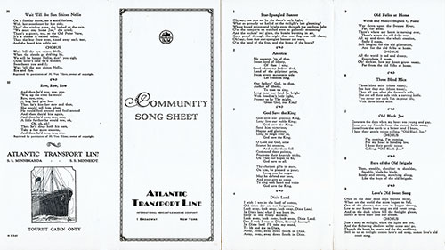 Sheet 1 of 1928 Community Song Sheet Published by the Atlantic Transport Line.