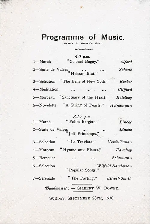 Programme of Music for the Marious B. Winter's Band on Board an Atlantic Transport Line Steamship.