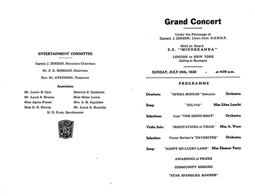 Atlantic Transport Line SS Minnekahda Grand Concert Program for Sunday, 29 July 1928.