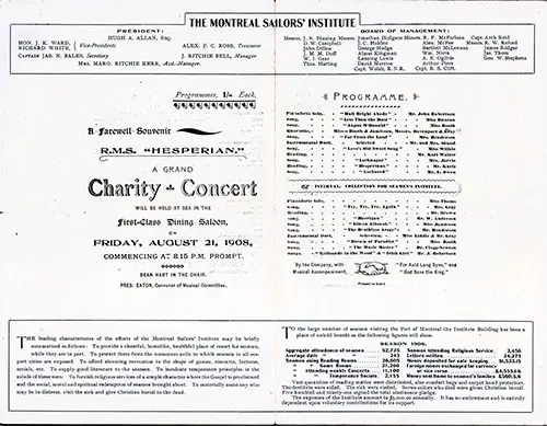 Grand Charity Concert Program, Order of Events and Mission of the Montreal Sailors' Institute.