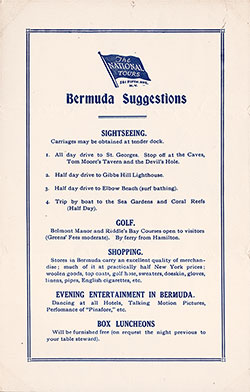 Suggestions for Visiting Bermuda from The National Tours on Board the SS California of the Anchor Line, February 1931.