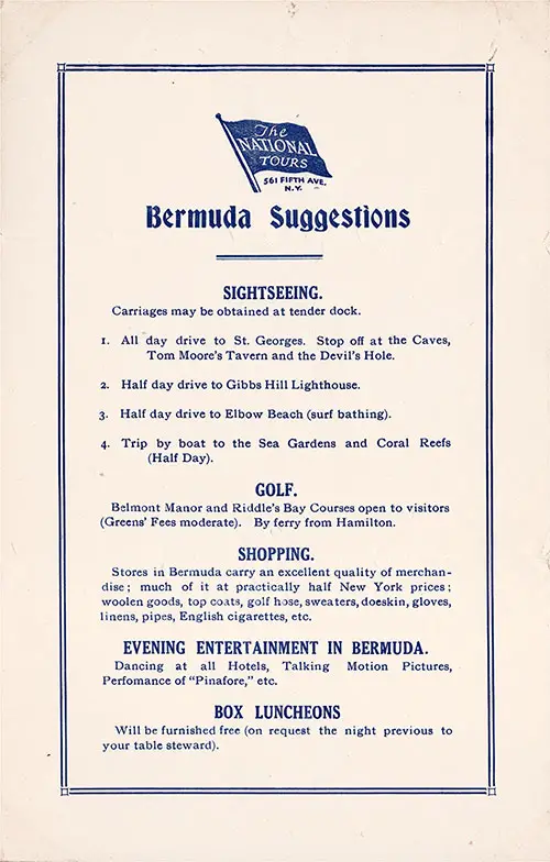 Suggestions for Visiting Bermuda from The National Tours on Board the SS California of the Anchor Line, February 1931.