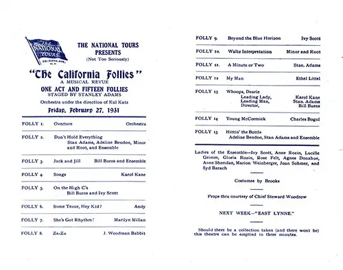 Concert Program - "The California Follies" Presented by The National Tours On Board the SS California of the Anchor Line.