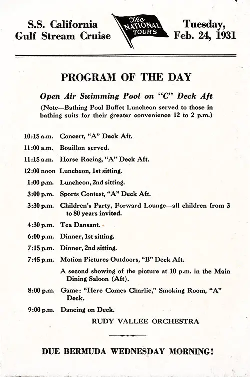 The National Tours Daily Program for 24 February 1931 during a Gulf Stream Cruise