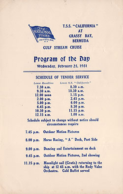 GGA Image ID # 129ad8c037 The National Tours Daily Program for 25 February 1931 during a Gulf Stream Cruise heading to Bermuda