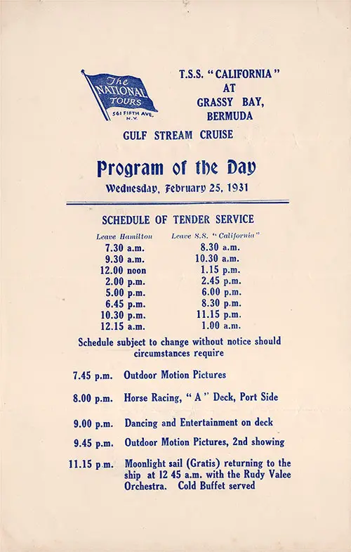 The National Tours Daily Program for 25 February 1931 during a Gulf Stream Cruise heading to Bermuda