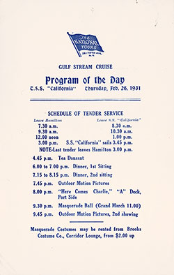 The National Tours Daily Program for 26 February 1931 during a Gulf Stream Cruise heading to Bermuda