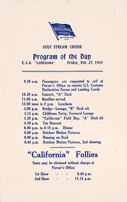 The National Tours Daily Program for 27 February 1931 during a Gulf Stream Cruise heading to Bermuda