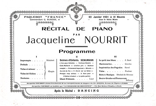 Program for the Piano Recital by Jacqueline Nourrit on board the SS France, 22 January 1931.