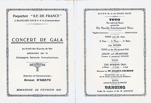 Gala Concert Program, CGT French Line SS Ile de Frence Charity Gala Concert, 22 February 1931.