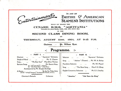 Cunard Line Entertainment in Aid of British & American Seamen's Instituions, 21 August 1924.
