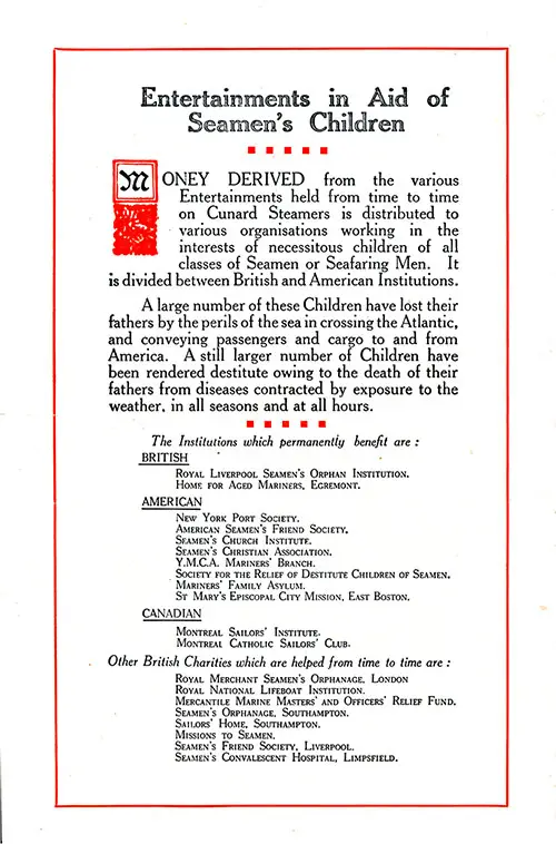 Institutions Benefiting from Aid, Cunard Line Entertainment in Aid of British & American Seamen's Instituions, 21 August 1924.