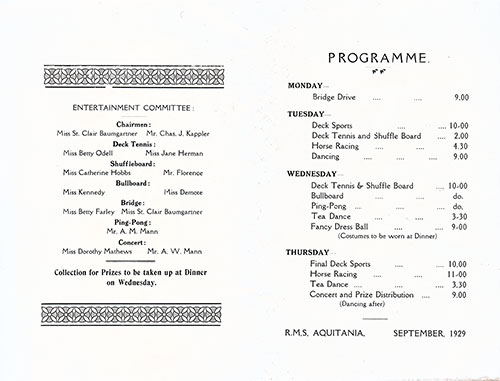 Events Program for a September 1929 Voyage of the RMS Aquitania of the Cunard Line.