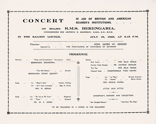 Concert Program on Board the RMS Berengaria in Aid of British and American Seamen's Institutions, 19 July 1929.
