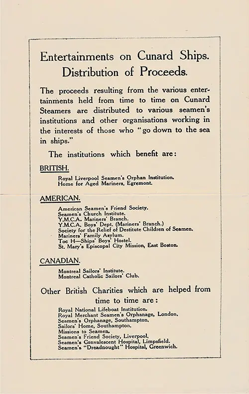 Distribution of Proceeds from Concert Program on Board the RMS Berengaria