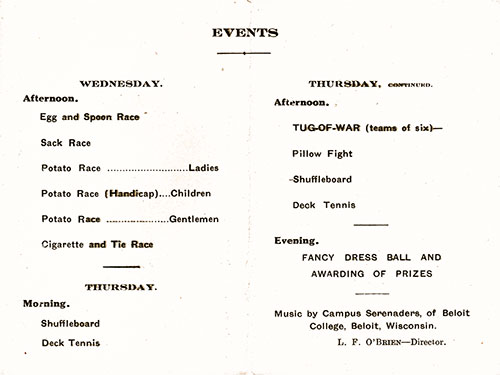 Sports Tournament Program on Board the RMS Berengaria at Sea, 9th and 10th of September, 1925.
