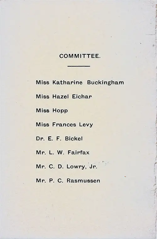 Committee Members, Sports Tournament Program on Board the RMS Berengaria at Sea, 9th and 10th of September, 1925.