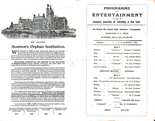 Entertainment Program in Aid of Seamen's Charities at Liverpool & New York on Board the RMS Campania, Monday, 3 July 1911.
