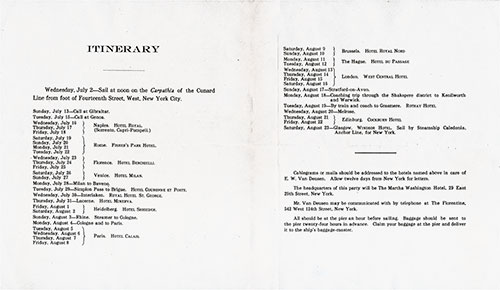 Tour B Itinerary Souvenir Program - European Cruise on the SS Carpathia of the Cunard Line, 2 July to 23 August, 1913.