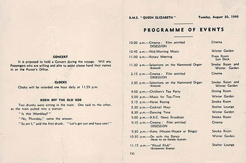 Today's Program of Events for Tuesday, 30 August 1949 on Board the RMS Queen Elizabeth of the Cunard White Star.