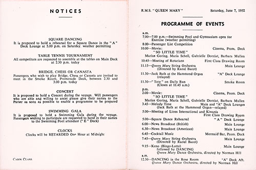 Program of Events for Saturday, 7 June 1952 on Board the RMS Queen Mary.